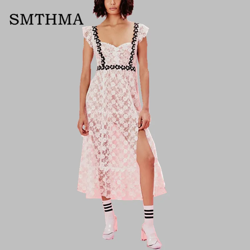SMTHMA новое летнее Сексуальное Женское кружевное длинное платье с открытой спиной на бретельках без рукавов с высокой талией с цветами и бисером платья для подиума