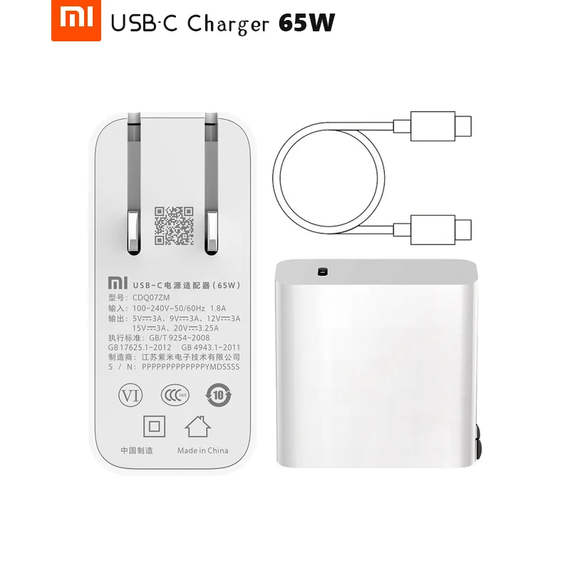 Оригинальное зарядное устройство Xiaomi USB-C 65 Вт Max Smart выход type-C порт USB PD Быстрая зарядка QC 3,0 Подарочный кабель