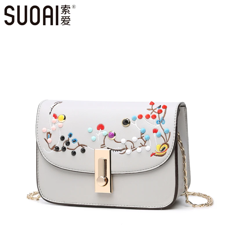 SUOAI Womens Flap Fashion Lock Shoulder Bag Chinese Embroidery