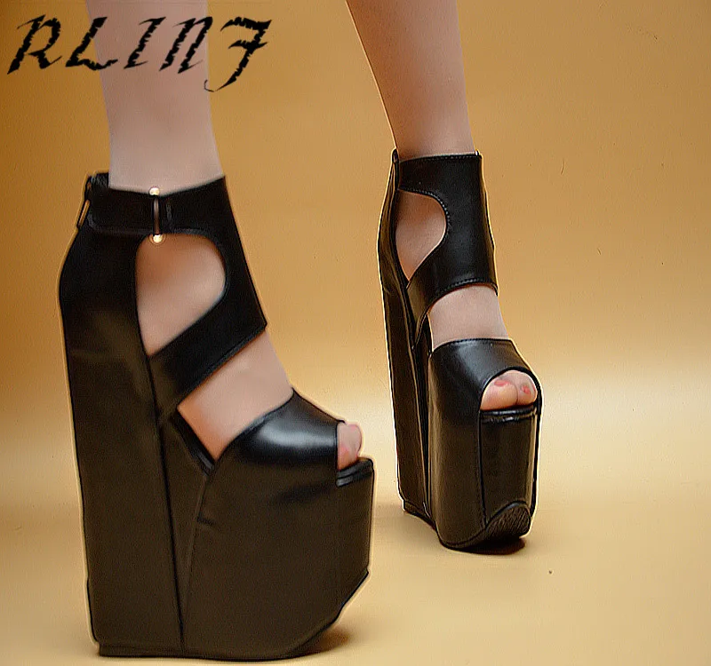 

RLINF 2018 Spring and Summer New Sexy 17cm Thick Silver Wedge Sandals Roman Legs Slim Super High Heel Shoes
