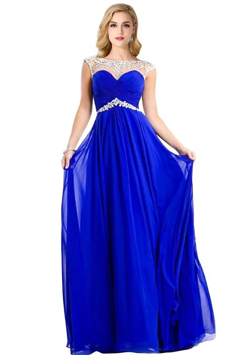 Royal Blue Chiffon Evening Dresses 2017 Long Formal Elegant Beaded Crystals Open Back Sexy