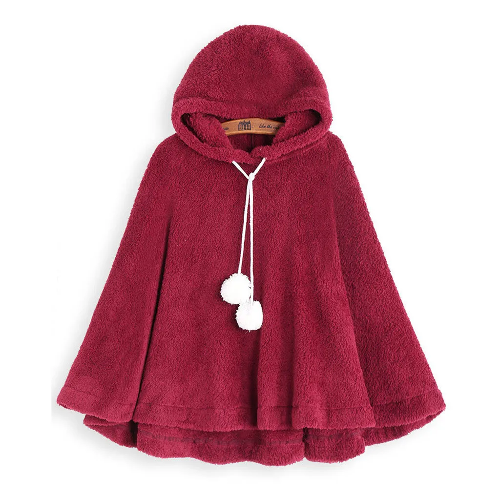 Women's Bat Sleeve Hooded Plush Cape Jacket Women's Solid Color Vintage