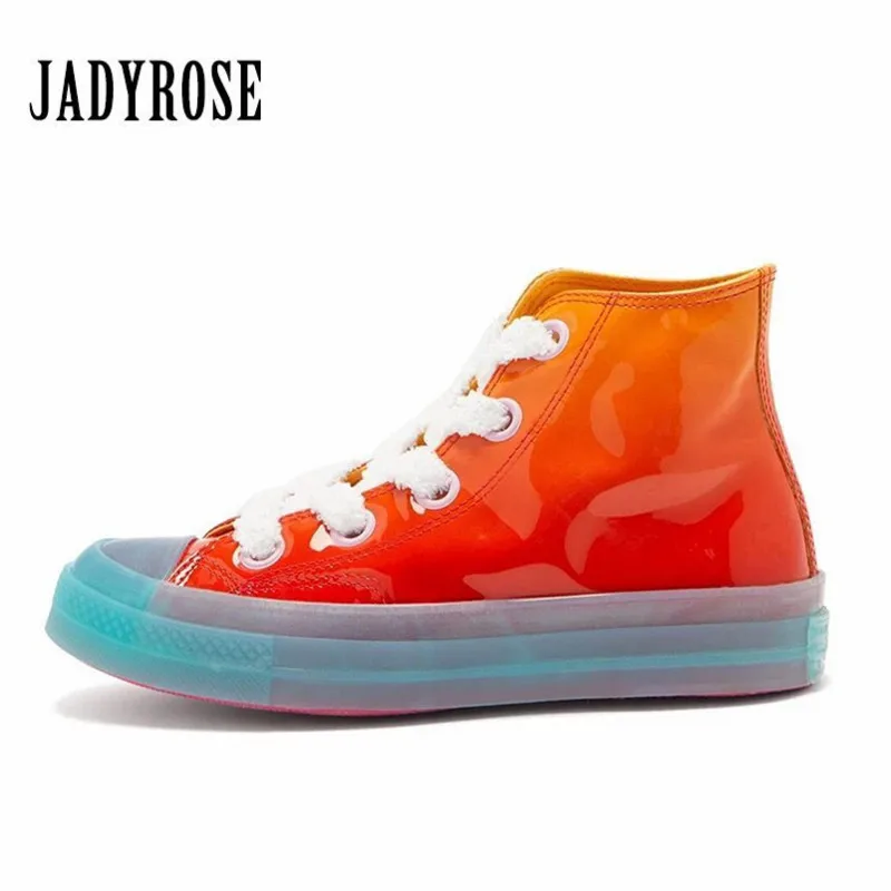 

Jady Rose Women Sneakers Transparent Jelly Shoes Lace Up Patent Leather Flat Ankle Boots Flats Espadrilles Trainers High Tops