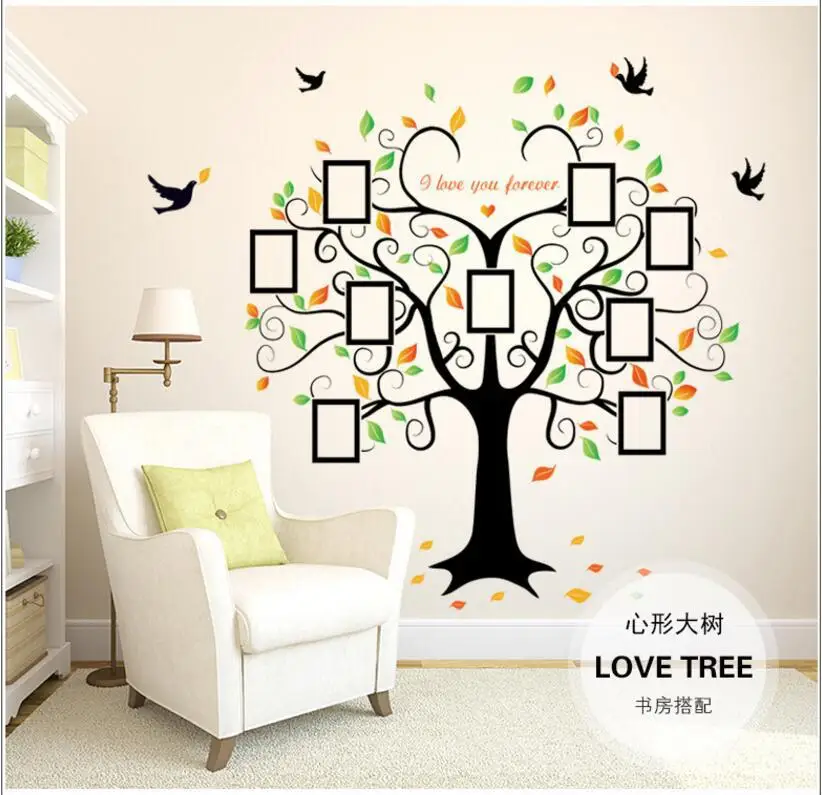 

Large size 60*90cm Family Tree Heart-shaped Photo Frame Wall Sticker PVC removable Bird bedroom Decals Mural Art Home Decor