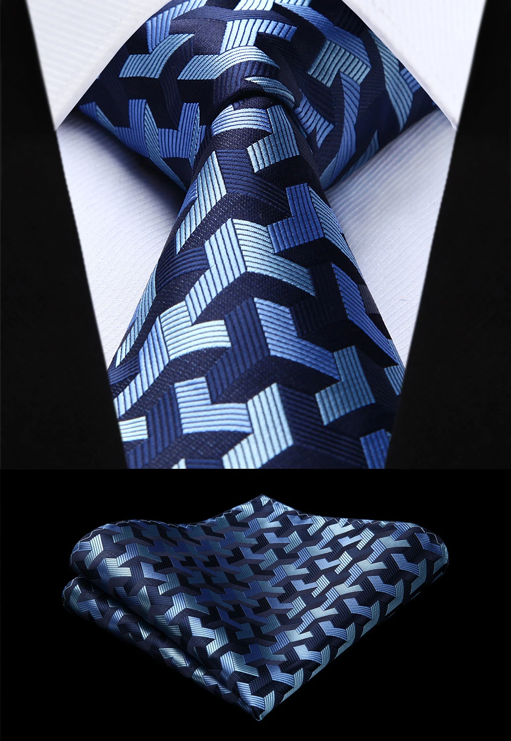 Woven Men Navy Blue Tie Plaid Necktie Handkerchief SetTG804B8S Party