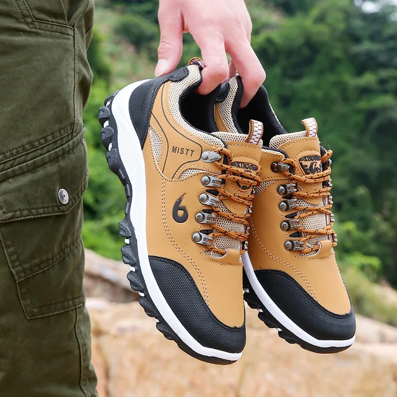 LAKESHI الرجال الجلود في الهواء الطلق المشي أحذية رياضية الذكور أحذية الكبار غير زلة عارضة العسكرية الجيش أحذية الخريف يصعب ارتداء الأحذية
