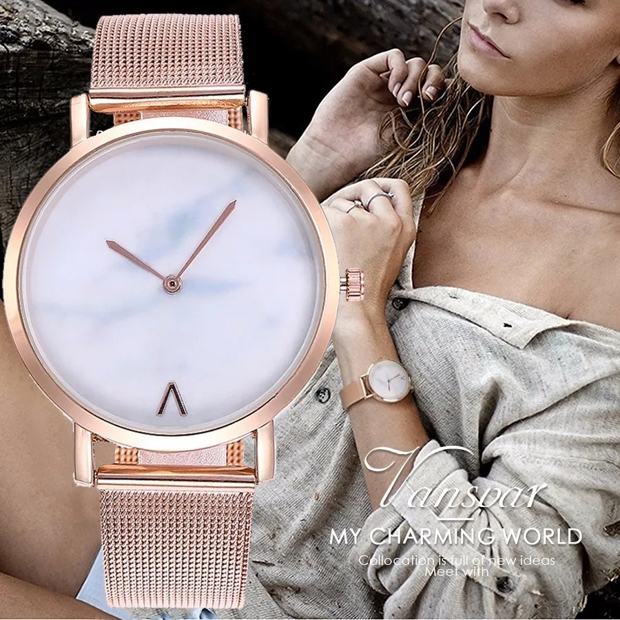 

Vansvar Brand Stainless Steel Mesh Band Creative Marble Dial Quartz Watch Casual Women Fashion Simple Watch Relogio Feminino
