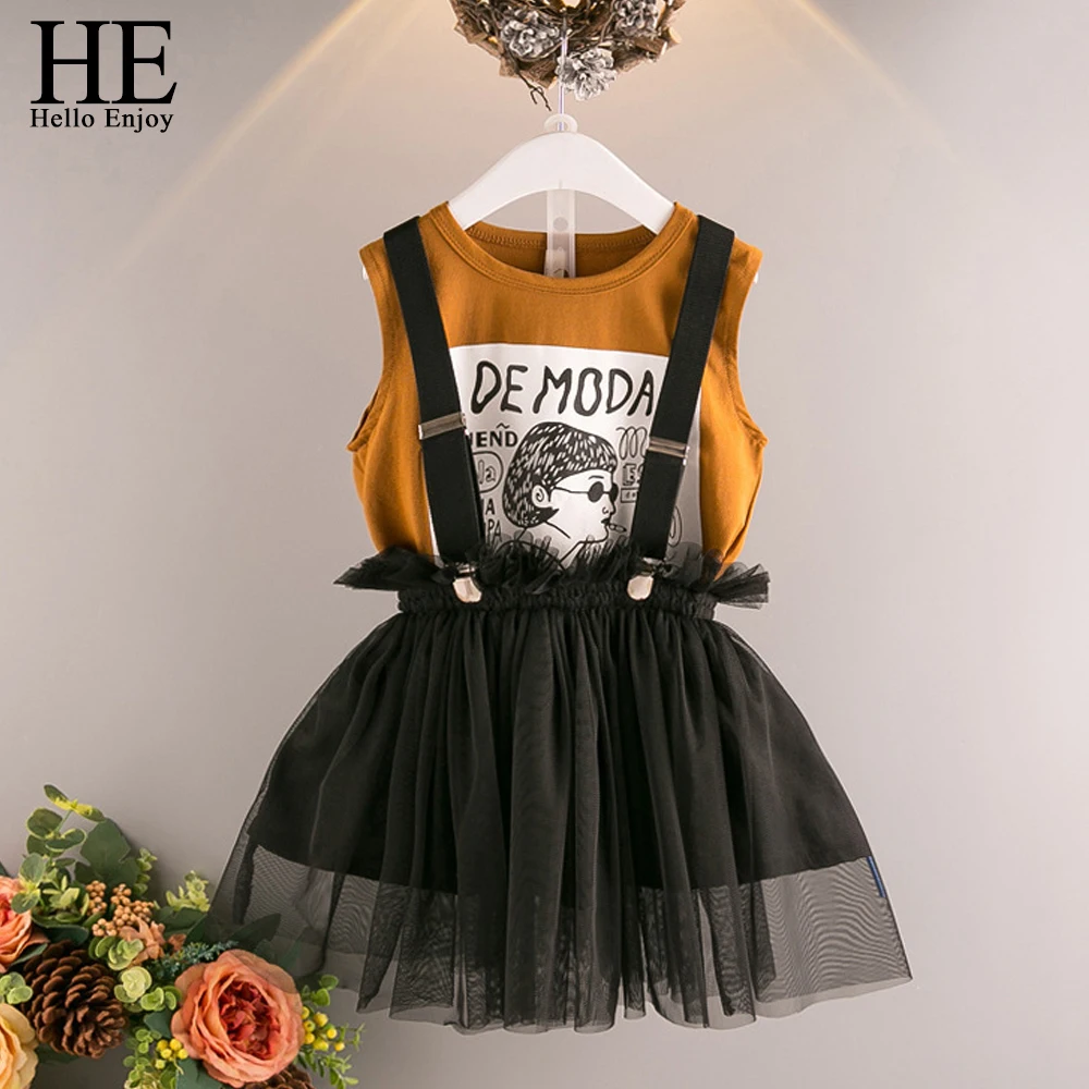 

HE Hello Enjoy Kids Girls Clothes Summer Children's Clothing Sets Cartoon Print T-shirt+Suspender Mesh Skirts Infantil Outfits