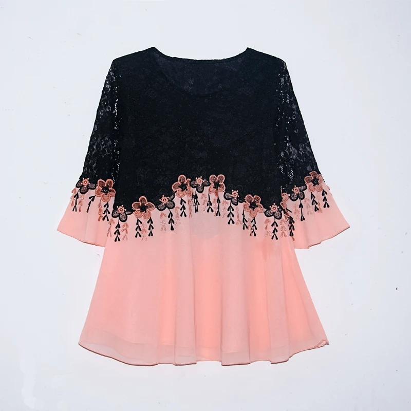 Женская шифоновая блузка с рукавами колоколами и вышивкой|flare sleeve|lace shirtlace chiffon top |
