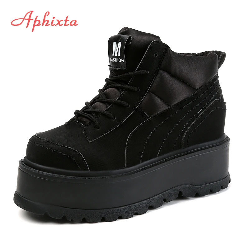 Achat Aphixta Plate Forme Lace up Cheville D hiver Femmes Bottes Haute Qualité Hauteur Croissante Chaussures Dames De Coton Tissu Vers Le Bas Mode Bottes