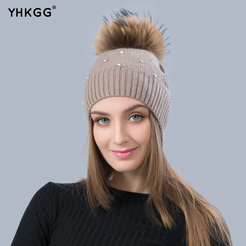 

YHKGG 2018 Winter Warm Cashmere Wool Knitted Hat Fox Fur Hats For Women Caps Rhinestones Diamond Hats Female