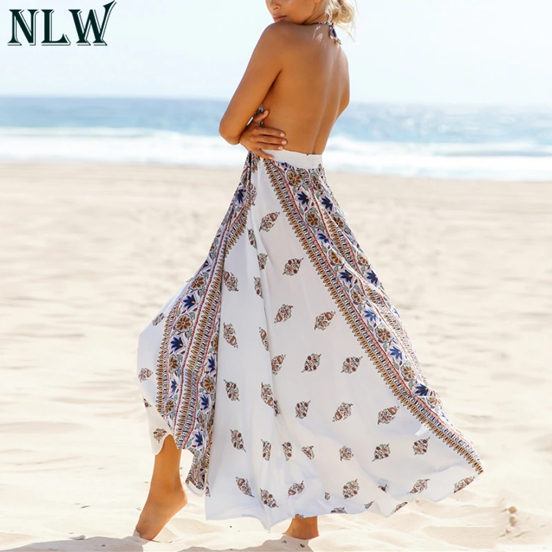 NLW White Print Maxi Dress V Neck Halter Summer 2018 Women Spaghetti Strap Sexy Long Chic Beach Party Girl Vestidos | Женская одежда