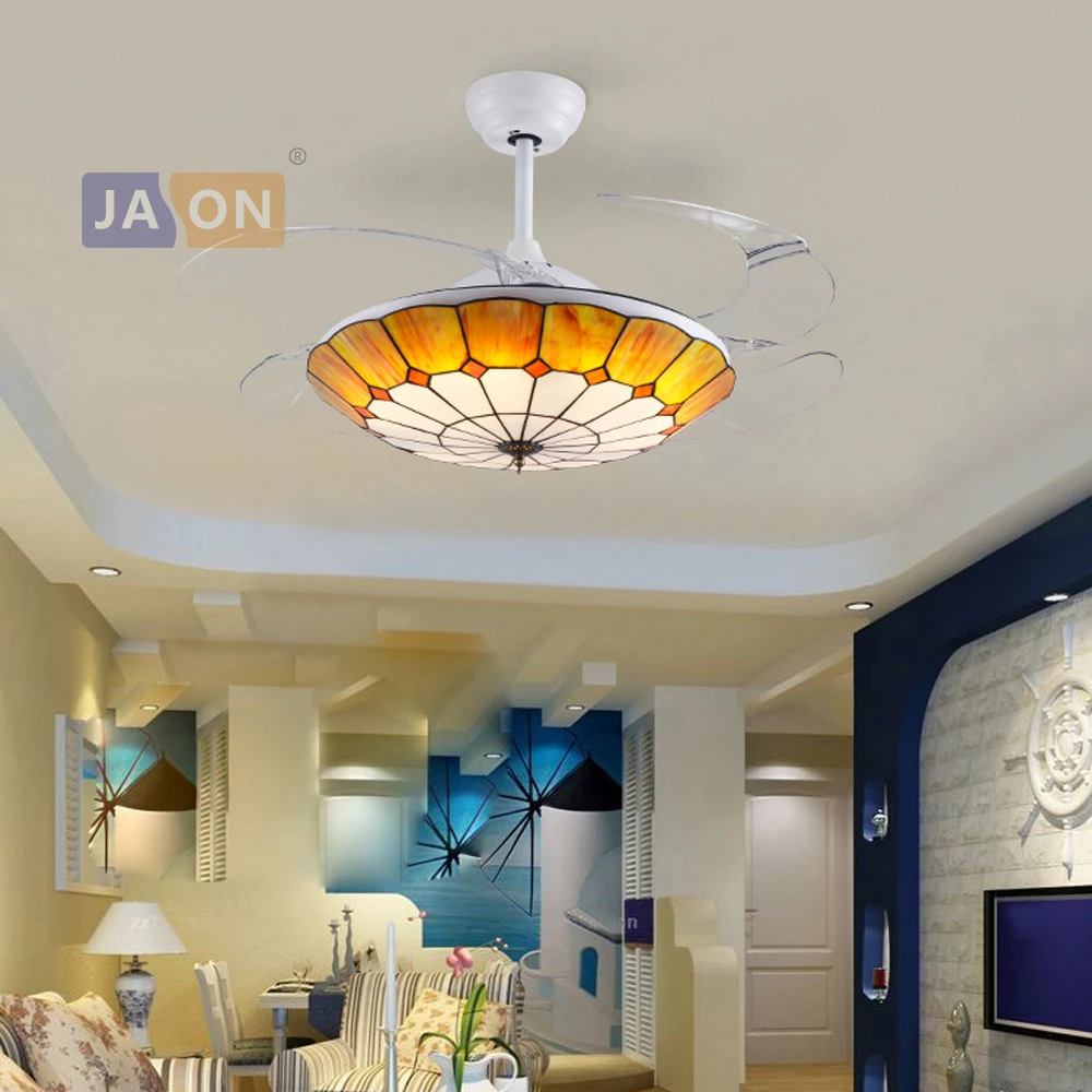 Led Mediterranean Sea Iron Glass Abs Yellow Ceiling Fan Led Lamp