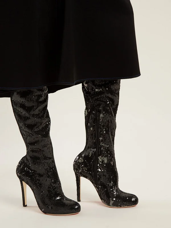 

Black Sexy Bling Glitter Fetish Zipper Over The Knee Sequined Cloth Women Boots Fashion Dress Thigh High Booties Ladies