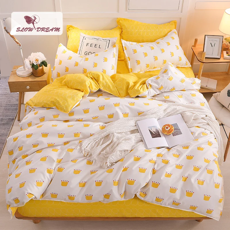 Slowdream Crown Bedspread Yellow Bed Flat Sheet Pillowcases Duvet