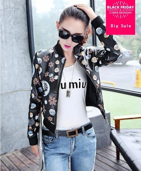

Wholesale Printed PU leather Motorcycle jacket 2019 fashion women leather jacket stand collar leather jacket coat w520