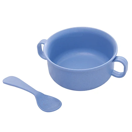 Blue 2 шт. Детские чаша+ ложка Небьющийся Теплосберегающая чашка набор приборов из пшеничной соломы с ручкой Детские Чаша для маленьких детей для кормления - Цвет: Blue