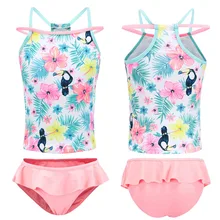 Детский купальный костюм для девочек из хлопка, детский купальный костюм, бикини из двух предметов, жилет, цветочный принт, купальный комплект, L0520