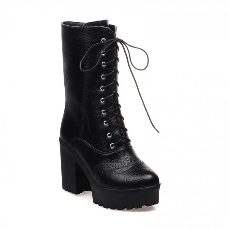 2015 Women Platform Mid Calf Boots high heels Fashion Combat Army Punk ...