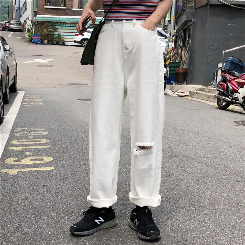 HziriP Female Brief Chic High Waist Hole Slim Straight Jeans Pants Loose Denim All Match Full Retro Women New Vintage Trousers
