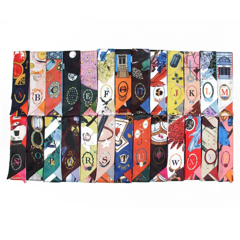 

New 26 Letters Scarf Women Silk Scarf Bag Skinny Letters Scarves Color Printing Design Wrist Towel Fashion Head Band Small Tie
