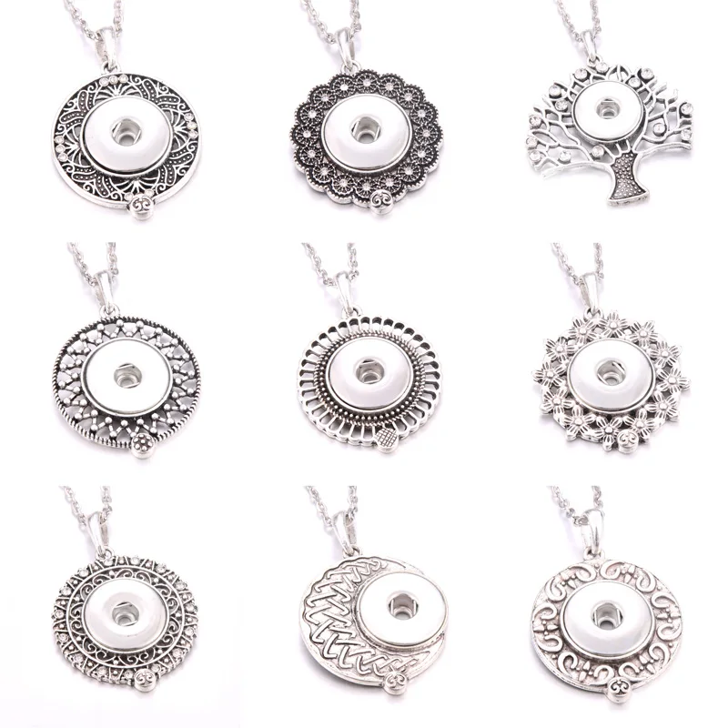 

Snap Jewelry Silver Metal Crystal Rhinestone Snap Button Necklaces 18mm Snap Pendant Necklace For Women Girls DIY Jewelry