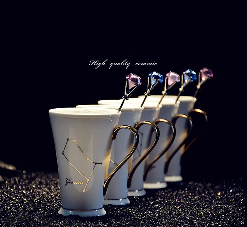 Twelve Constellation Ceramic Gift mug with Spoon Cover Gold plated Coffee mug Platinum and Goldbone Chinese