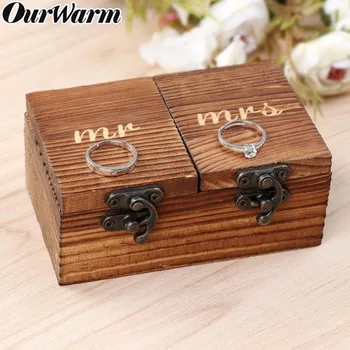 

OurWarm Mr Mrs Wedding Wood Ring Box Two Lids Engraved Engagement Ring Bearer Box Holder for Rustic Wedding Anniversary Gift