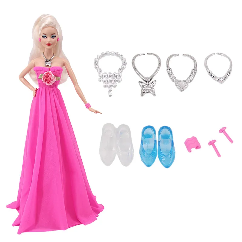 Кукольная одежда аксессуары 9 шт./компл. = 1 свадебное платье+ 4 колье+ серьги+ 1 браслет+ 2 с украшением в виде кристаллов обувь для куклы Барби для вечеринок для девушек, игрушка