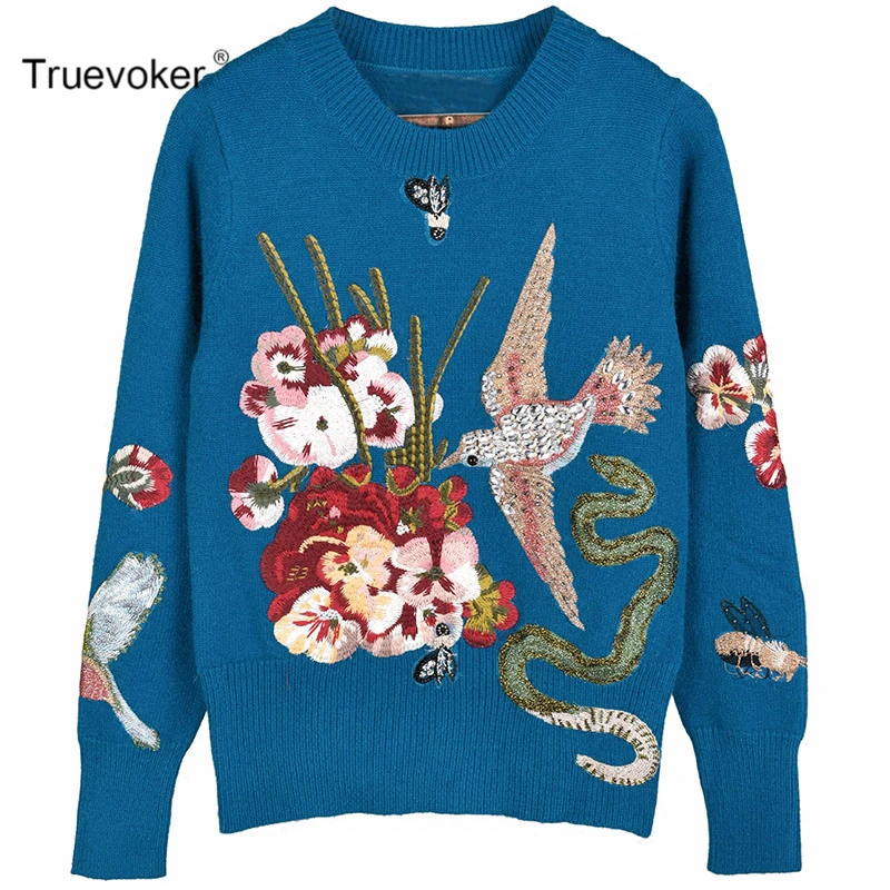 

Truevoker Winnter Designer Knitted Sweater Women's Long Sleeve Animal Embroidery Gorgeous Beading Diamond Pullover 3 Colors XXL