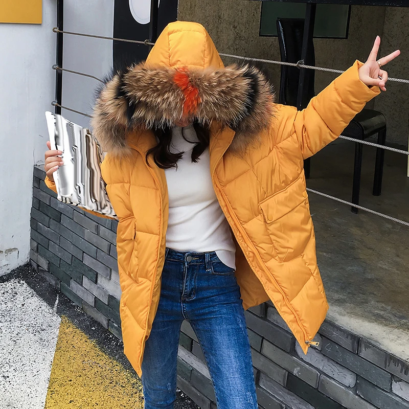 yellow 2019 Winter jacket women large fur outerwear long down cotton