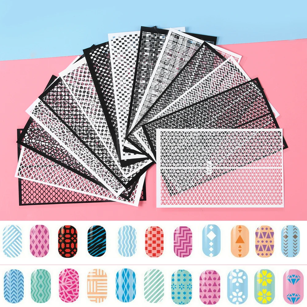 

7Pcs/Set Nail Art Stencil Ultra-thin Adhesive Nail Vinyls Fish Scale Plaid Hollow 3D Nail Stencil Sticker Manicure Decoration