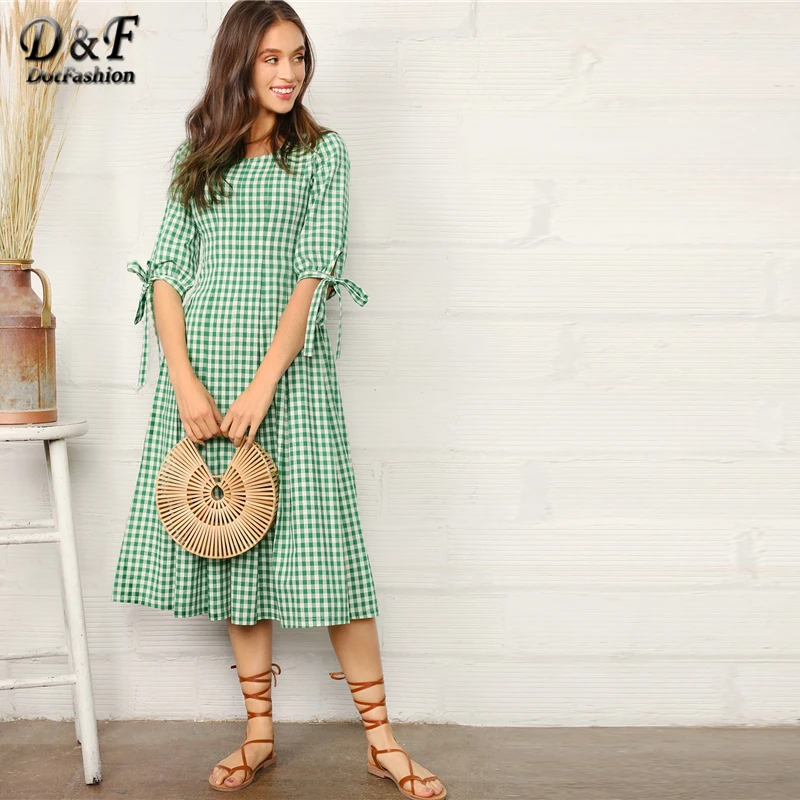 

Dotfashion Knotted Cuff Gingham Fit & Flare Dress Women Clothes 2019 Preppy Half Sleeve Summer A Line Dresses Green Midi Dress