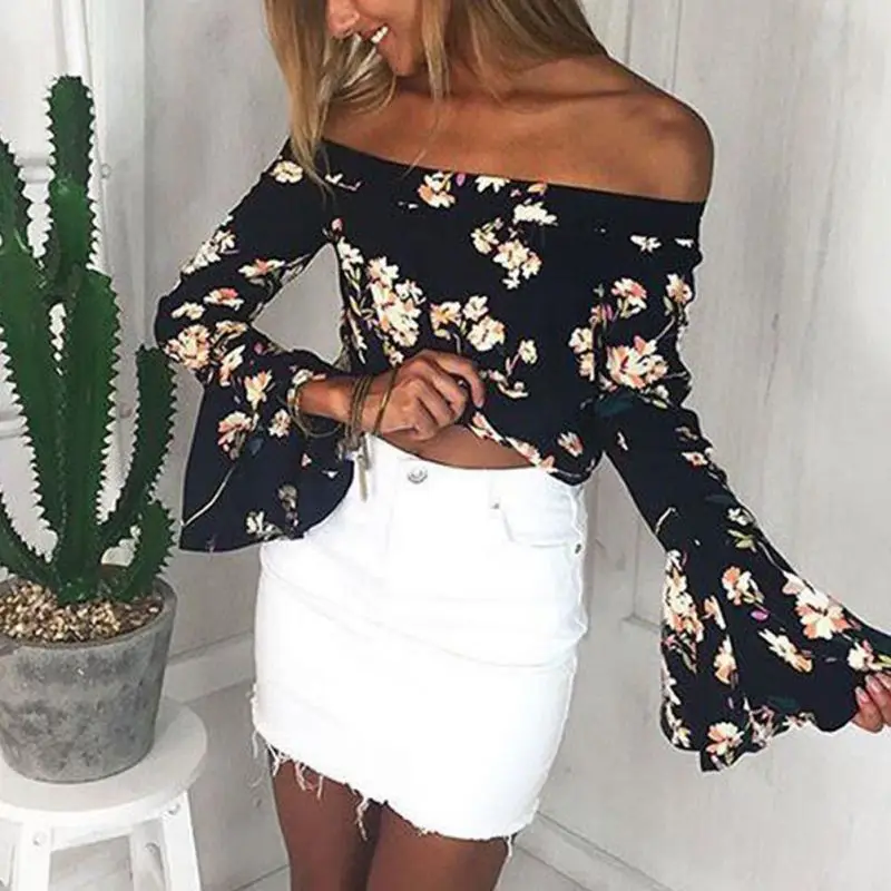 

Summer Women Floral Blouse Top Off Shoulder Flare Sleeve Loose Tops Women Clothes