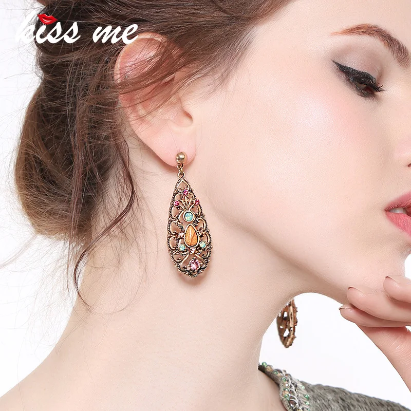 

KISS ME New Synthetic Stone Crystal Hollowed Water Drop Big Earrings for Women 2018 Alloy Vintage Earrings Fashion Jewelry