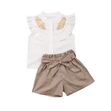 ¡Verano 2019! conjunto de ropa para niño, chico y niña, Blusa con botones y volantes, pantalones cortos con lazo, ropa de playa Vintage