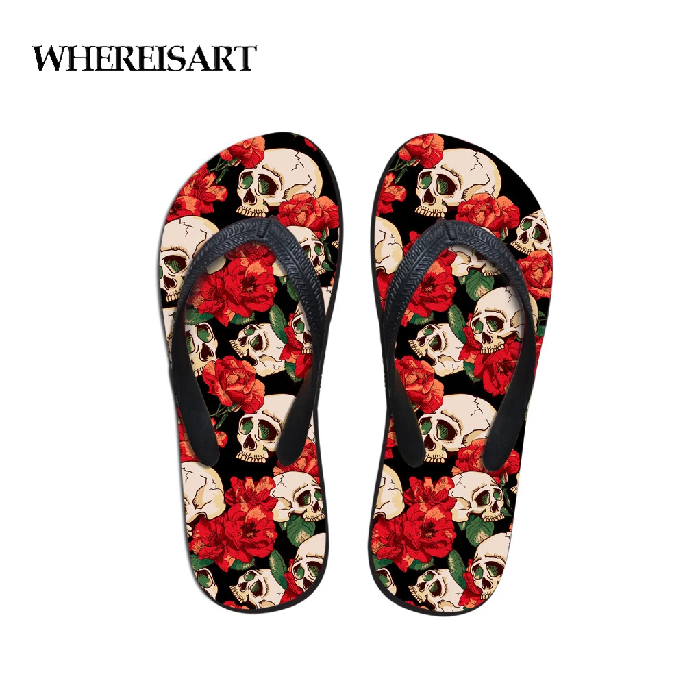 

WHEREISART Home Slippers Summer Flip Flops Girls Beach Light Shoes Woman 3D Cool Skull Prints Ladies Casual Rubber Soft Flats