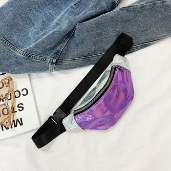 

Waist Bags Women Black Silver Fanny Pack Female Belt Bag Black Solid Waist Packs Laser Chest Phone Pouch