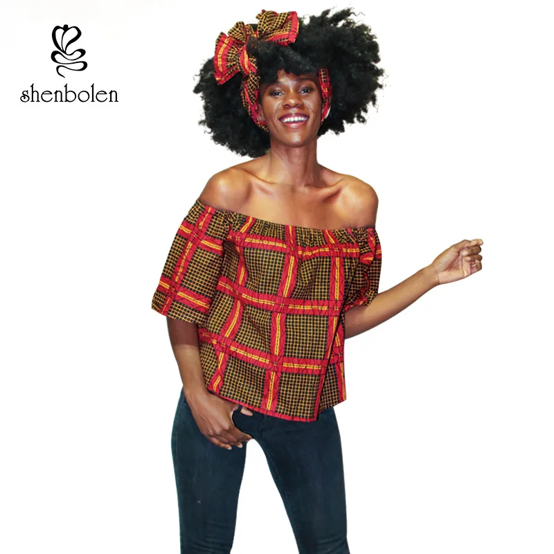 Shenbolen African Off Shoulder Wax Fabric Ankara Print Top 2018 Short