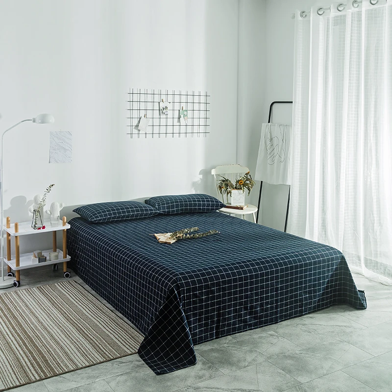 

Bed Sheet Dark Gray Small Plaid Pattern Pillowslip 3Pcs ure Bed Linen Cotton Soft Queen Size Mattress Covers Flat Sheet Sets
