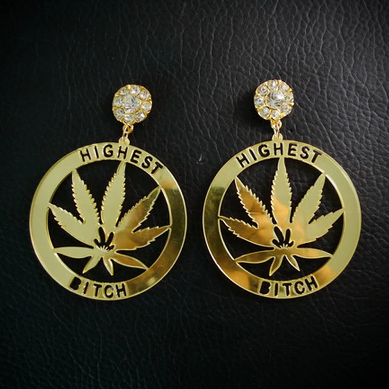 

Hip Hop Style Highest Bitch words with Hemp Leaf inside Big Circle Earrings with Shinning Crystal Stud Button