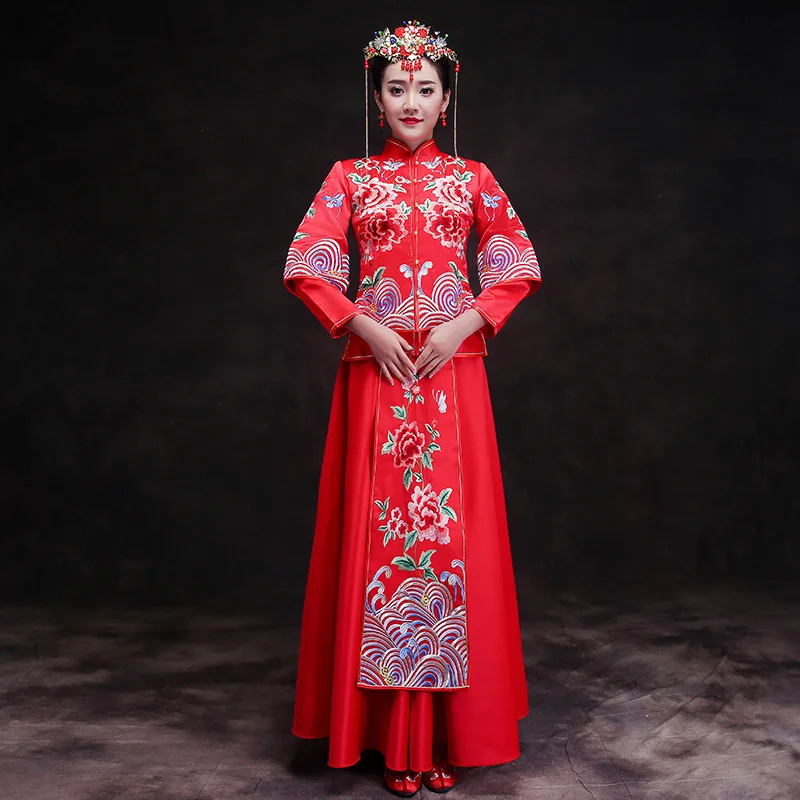 Красный Традиционный китайский стиль невесты Свадебные платья вышивка cheongsam халат Вечерние вечернее платье жениться Qipao Vestido S-XXL