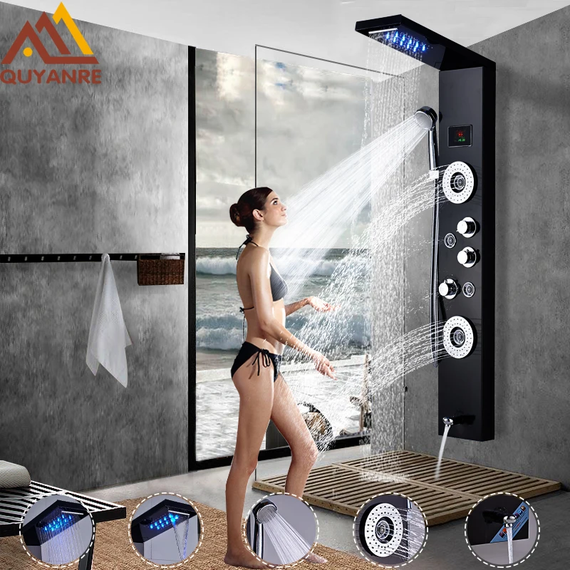 

Quyanre Black Digital Shower Panel Coulum LED Rain Waterfall Shower Head Three Handles Mixer Tap Bathroom Shower Faucets