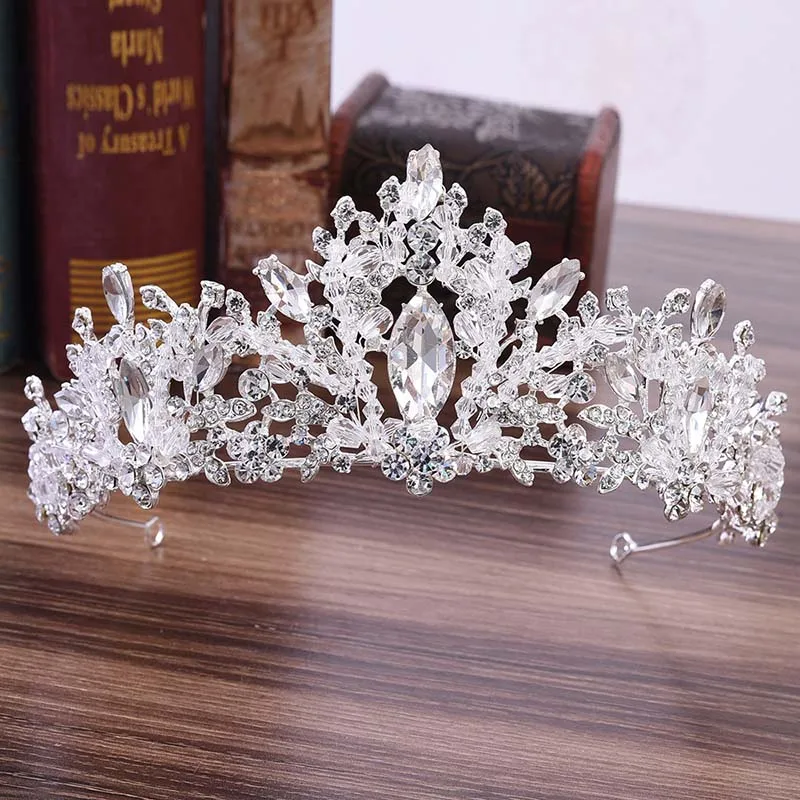 

Luxury Silver Leaf Crystal Beads Bridal Tiara and Crown Wedding Bride Hair Jewelry Accessories Women Diadem Pageant Headpiece VL