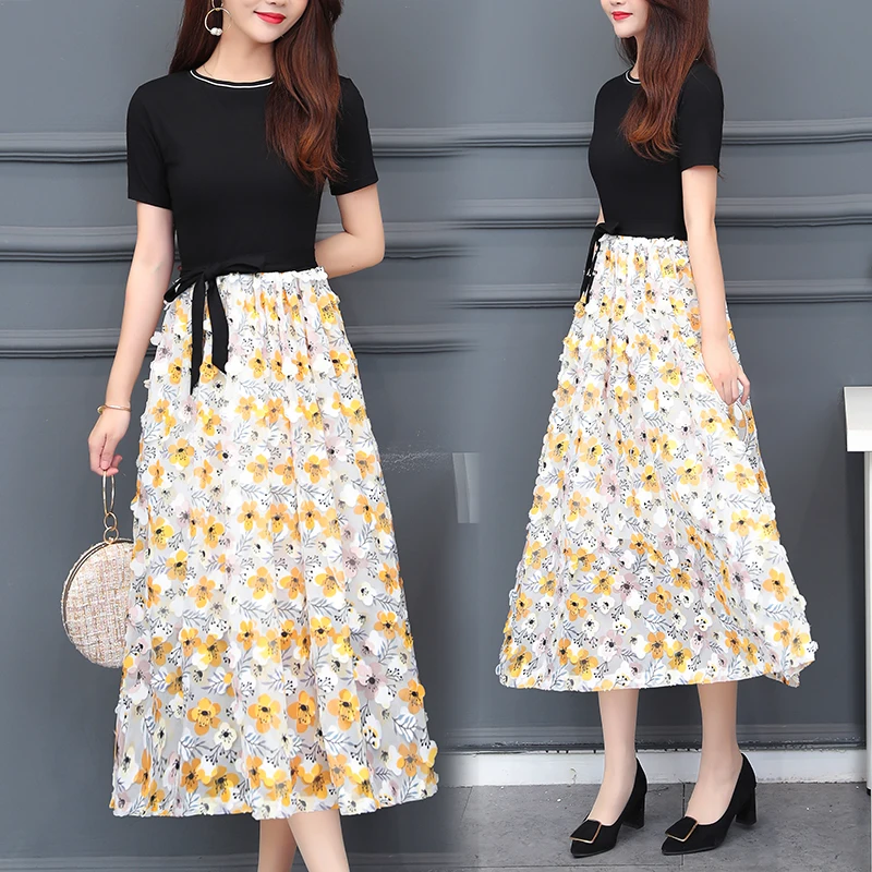 

2019 Summer Fashion Women's Clothing O-neck Flowers Printing Patchwork Dress Bow Short Sleeves Chiffon Dresses Female