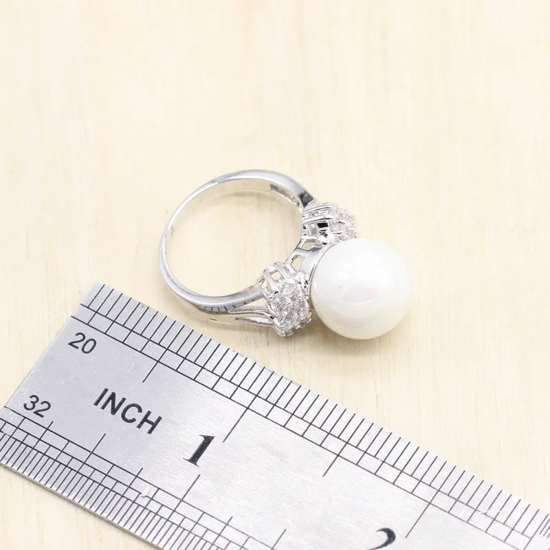 925 Пробы Ювелирные наборы с серебряным жемчугом, круглый белый CZ ювелирное изделие, жемчужное кольцо, серьги-гвоздики, кулон, ожерелье, ювелирное изделие, подарок для W