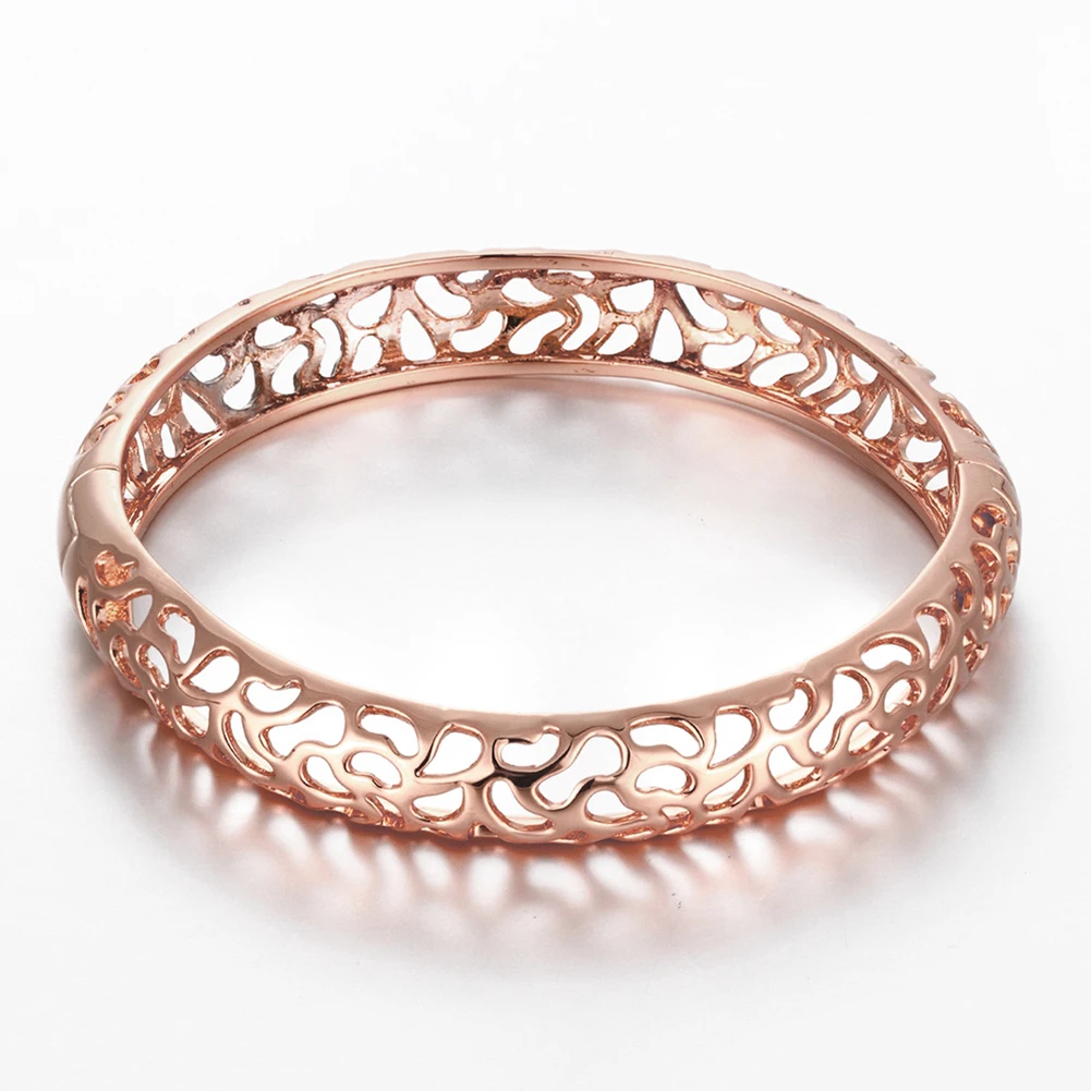 Women's Rose Gold Color Bracelet Bangles Carved Hollow Flower Wholesale and Free Shipping