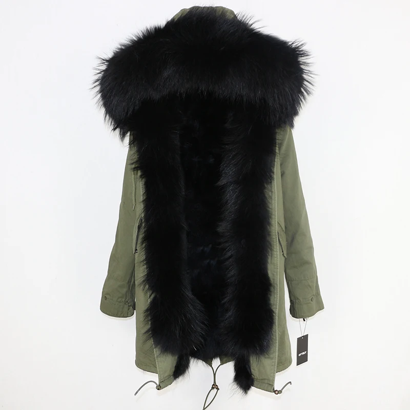 OFTBUY длинная парка, пальто из натурального меха енота, зимняя куртка для женщин, уличная верхняя одежда, Толстая Теплая Повседневная куртка с большим меховым воротником - Цвет: green black
