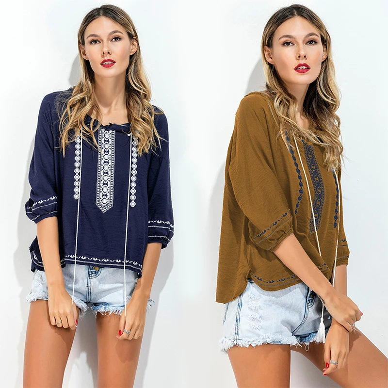 Mujeres Floral Bordado Blusa Ropa de Verano Borlas Vintage Del O cuello Camisas Sunscre Holiday Casual Tops Blusas|embroidery blouse|blouses lady - AliExpress