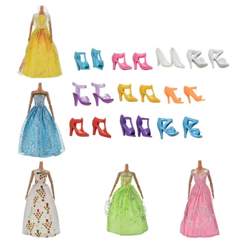

New Wedding Princess Doll Dress Gown Accessories 1 Set 5 Evening Dress +10 pairs Shoes Doll